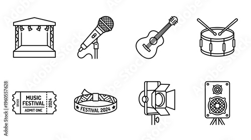 Music festival icons: stage, mic, guitar, drums, ticket, tambourine, lights, speaker.