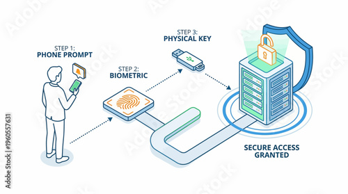 Multi-step secure access workflow with phone prompt, biometric scan, physical key and server lock granted