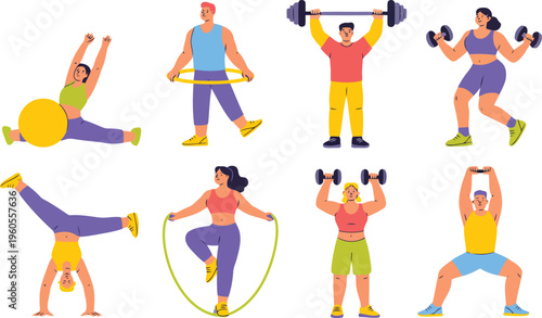 Group of diverse people performing various fitness exercises and sports activities with equipment