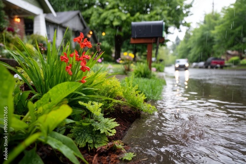 Suburban Street Flooding with Heavy Rain and Strong Winds During a Hurricane Event