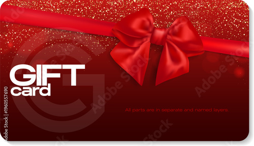 Red gift card template with golden glitters, red bow and ribbon