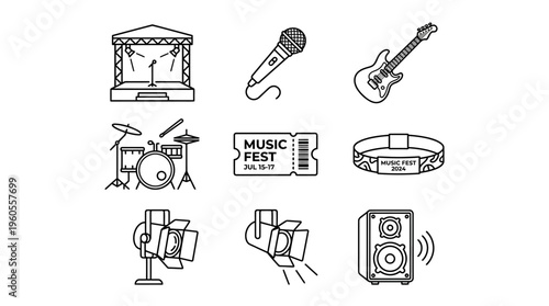 Music festival icons: stage, mic, guitar, drums, ticket, tambourine, lights, speaker.