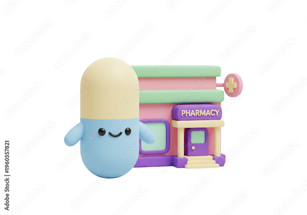 Fototapeta premium Cute Pill Character Stands Next to a Colorful Cartoon Pharmacy Building