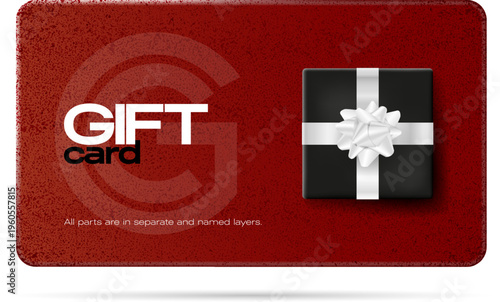 Red gift card template with grungy noisy texture and luxury black gift box