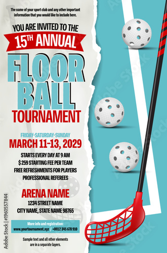 Floorball tournament invitation poster with stick, balls and torn paper