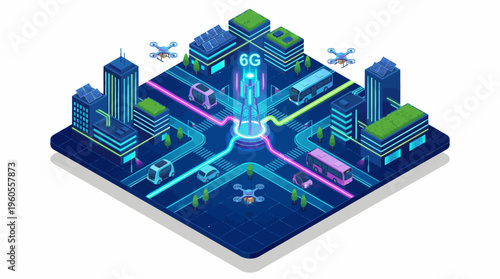 Futuristic 5G isometric cityscape with neon skyscrapers, glowing roads, and aerial transport connectivity aerial view
