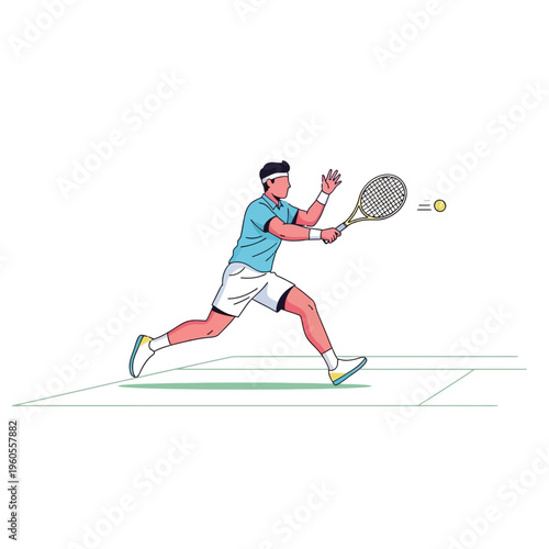Tennis Player Action Shot: Man Hitting Forehand on Court with Ball