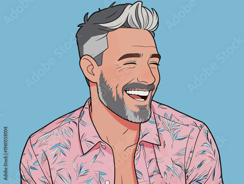 Man with gray hair smiles widely while wearing a floral shirt against a blue background during a casual moment