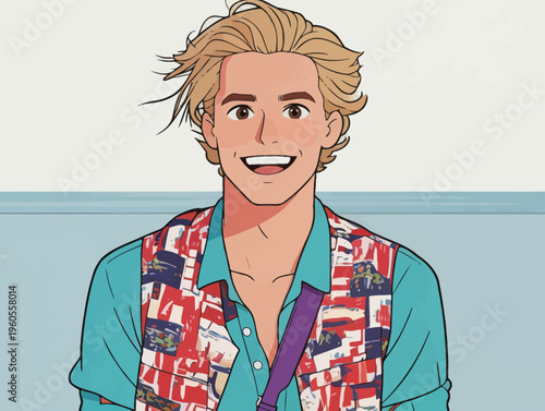 Young man smiles while sitting indoors wearing a colorful vest and blue shirt during the day