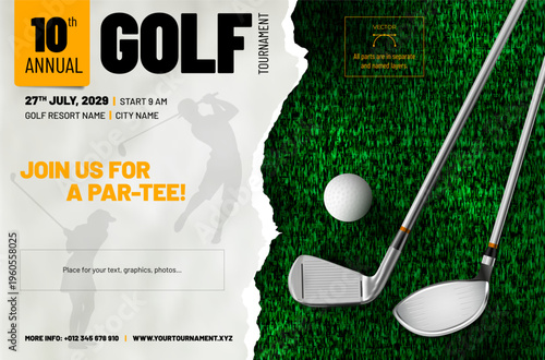 Invitation to golf tournament with design featuring grass playground, metal clubs, ball and torn paper