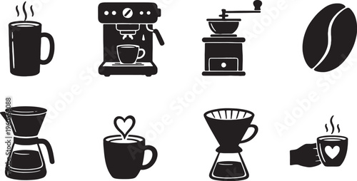 Black silhouettes of coffee and coffee makers on white