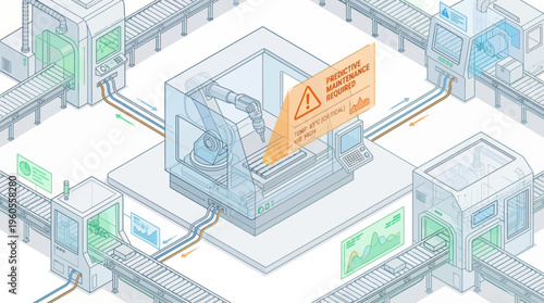 Isometric industrial factory floor showing conveyor belts, machinery, warning signs, monitoring screens, isometric view, production line