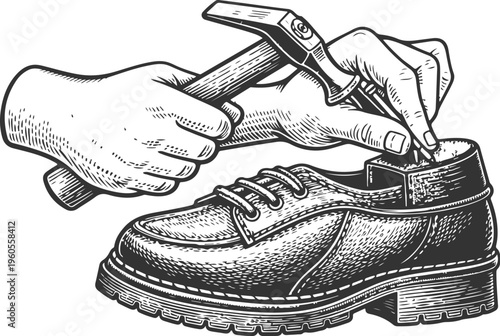 Shoemaker Repairing Leather Shoe Vintage Engraving Illustration
