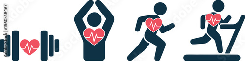 Icons show a dumbbell, a person exercising, a runner, and a treadmill, emphasizing cardiovascular health