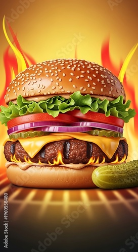 Juicy cheeseburger on a grill with flames.