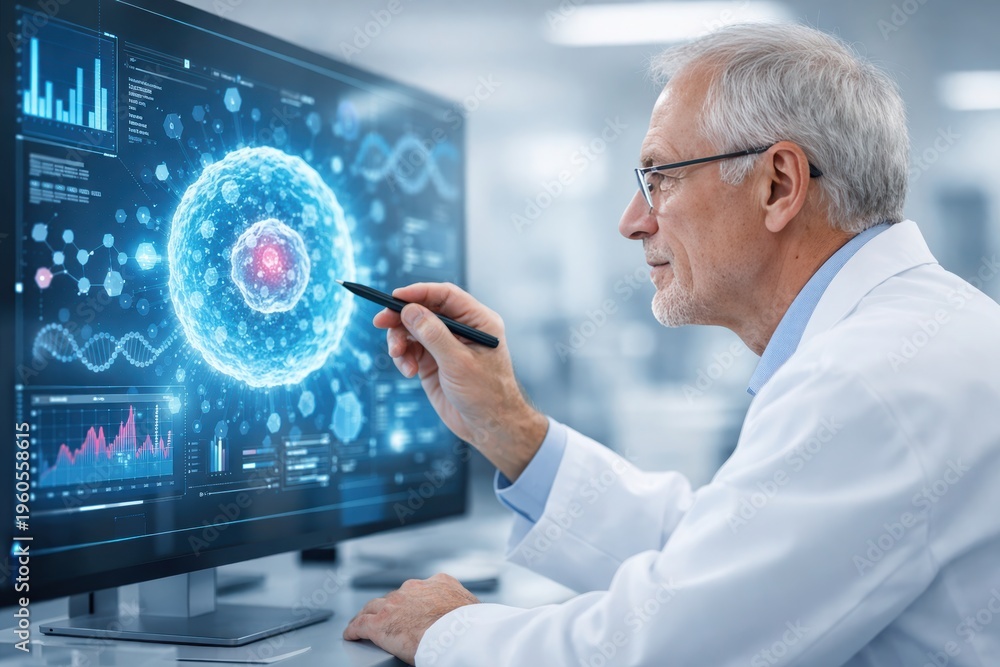 Fototapeta premium Scientific Scrutiny: A dedicated scientist delves into the intricacies of cutting-edge technology, using a stylus to examine complex data visualizations on a high-definition monitor.