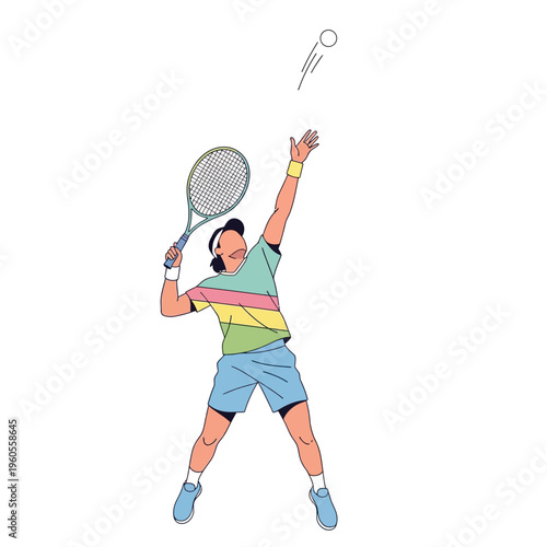 Tennis Player Serving Ball, Retro Style Illustration
