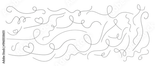 Hand drawn curve dotted line vector set. Dotted spiral curve line. Hand Sketched Curly Border. Abstract Hand-Drawn Dotted Line Collection. Zigzag arrow stripes design with dotted lines.