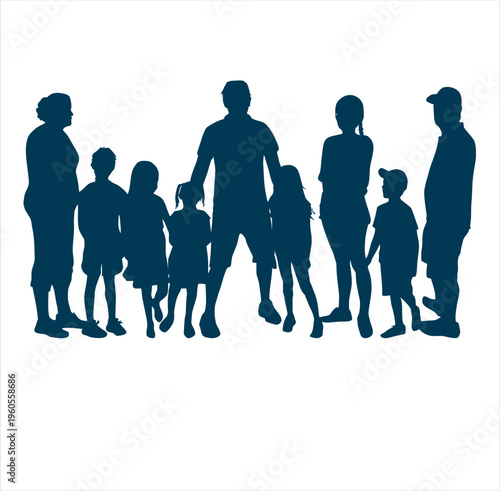 Large group of people silhouette with adults and many children standing in row composition