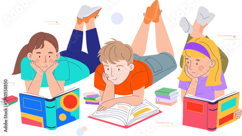 Kids Reading Together Illustration