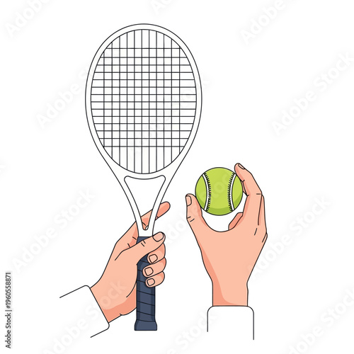 Tennis Racket and Ball Held by Hands, Sports Equipment, Isolated on White