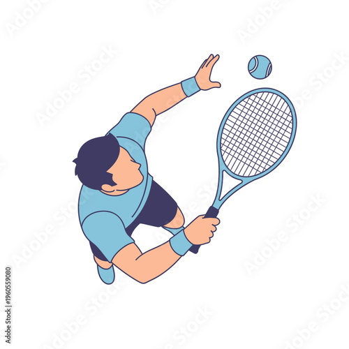 Top view illustration of a male tennis player serving a ball with a racket