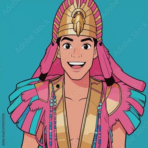 Young man wears a colorful headdress and costume while smiling at camera in a bright background during a cultural event
