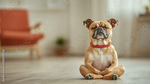 Zen master dog meditating with intense focus in cozy living room indoor serenity scene mindfulness concept