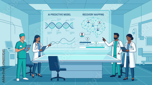 Four medical professionals in white coats and scrubs discuss AI predictive models around a table in a bright hospital meeting room