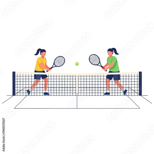 Two girls playing tennis on court, hitting ball over net, flat illustration