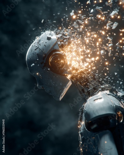Ai robot icon shattering into particles