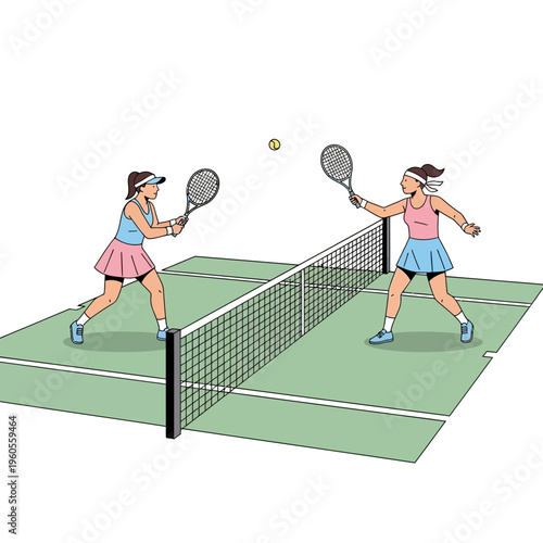 Two Women Playing Tennis Match on Outdoor Court, Active Lifestyle