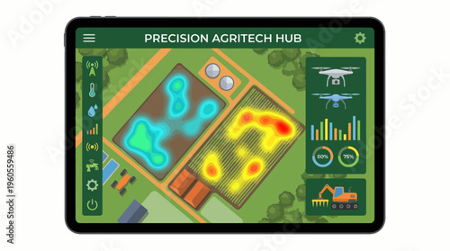 Drone surveying farm with precision agritech hub tablet showing heatmap data interface in greenhouse facility