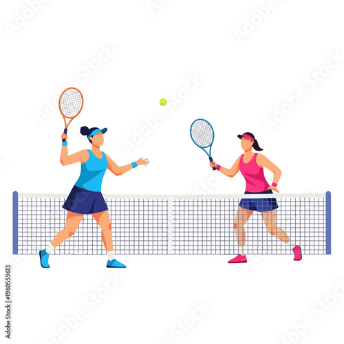 Two Women Playing Tennis Match, Tennis Court, Sport Activity, Healthy Lifestyle