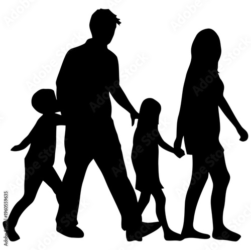Family walking together holding hands, father mother and two children, black silhouette