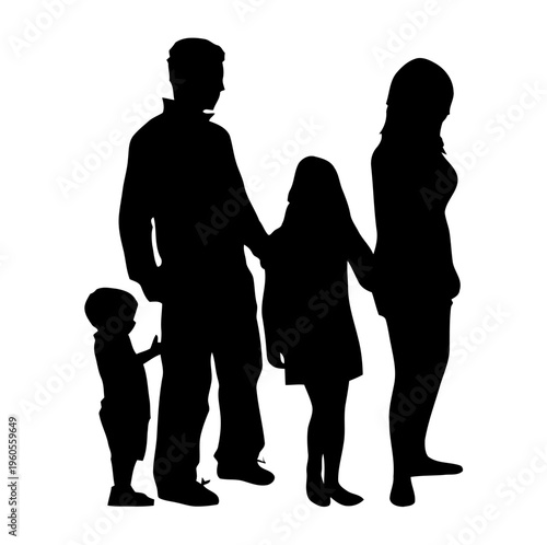 Family standing together, parents holding hands of two children, black silhouette