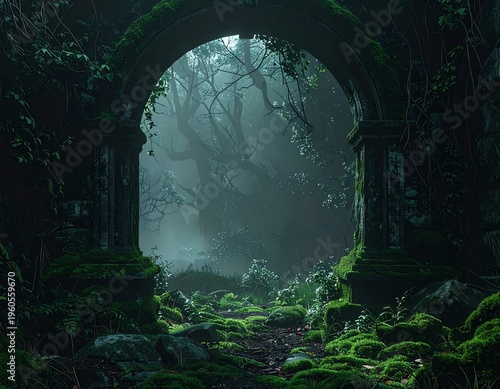 Mysterious Archway Leading into an Enchanted, Foggy Forest with Lush Green Moss and Ancient Ruins.
