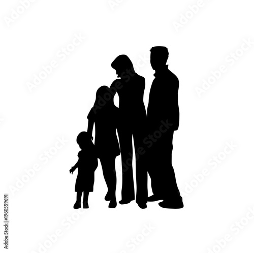 Family group embracing, parents hugging children, black silhouette