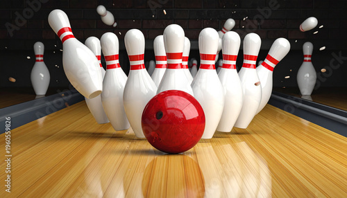 A red bowling ball smashes into white pins with red stripes, scattering them across the lane in a powerful strike.