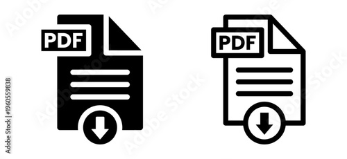PDF Download file format icons, solid and outline variations, with download arrow. Transparent background for easy integration.