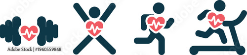 Illustrative icons promoting physical well being through diverse activities such as lifting, stretching, and running for a healthy heart