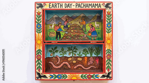 Traditional Peruvian retablo folk art for Earth Day Pachamama, Andean farmers harvesting crops in a colorful shadow box, indigenous culture vector