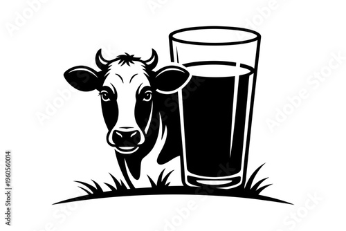Dairy cow head with a glass of fresh milk silhouette illustration isolated