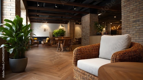 A warm and inviting interior lounge featuring plush wicker seating vibrant greenery and rich wooden floors in a relaxed atmosphere
