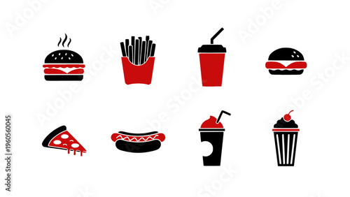 Icons of burgers, drinks, and fast food items.