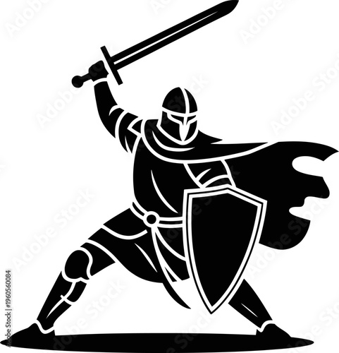 Medieval knight silhouette in combat stance with sword and shield in monochromatic isolated