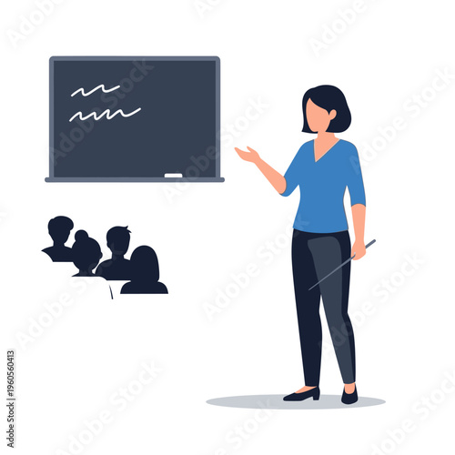 Teacher instructing students in a classroom, blackboard and audience illustration