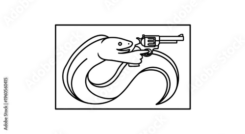 Aggressive Eel Holding a Revolver Gun, Cartoon Style