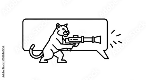 Aggressive Cat Character with Rocket Launcher and Speech Bubble Icon