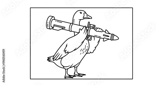 Aggressive Goose Holding Rocket Launcher, Cartoon Style